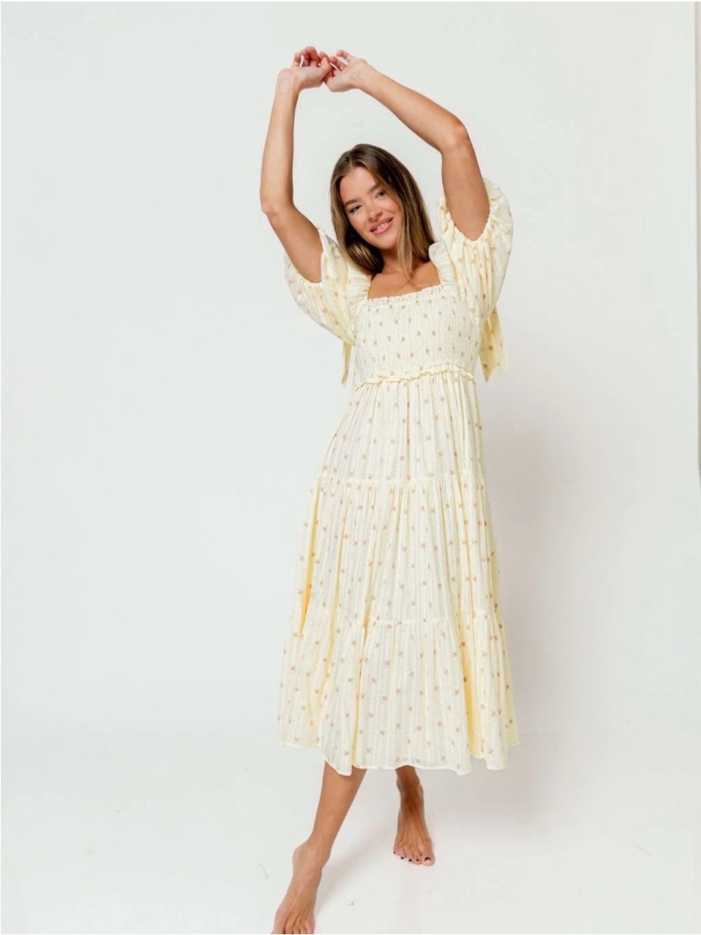 Smocked Cream Floral Midi Dress with Puff Sleeves